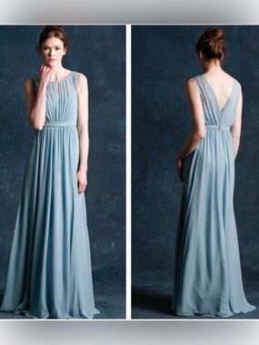 Jenny Yoo Vivienne Pleated Chiffon Dress Teal Green, Long Bridesmaid Gown NEW